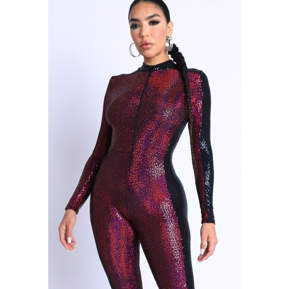 Women's Sexy Side Line Colorblock Zip Up Sequins Jumpsuit Party Club Outfit Jump - Picture 16 of 16